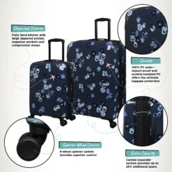 IT Luggage Sheen - 2pc Set (Pansies Floral Blue Depths) -Travel Storage Shop Sheen Pansies Large Cabin Infographic